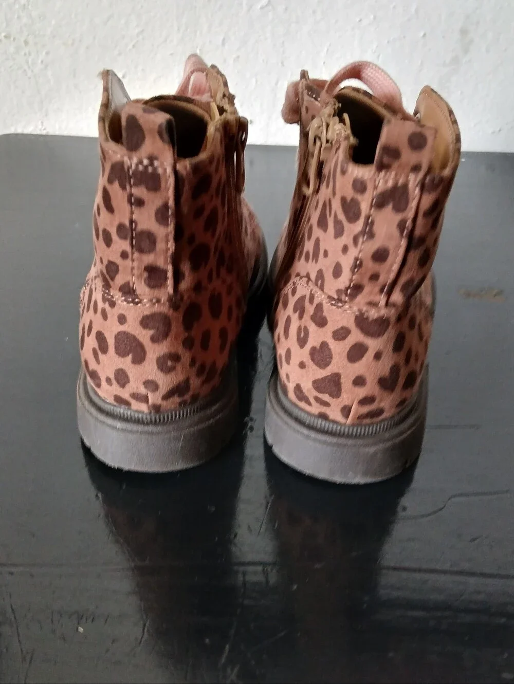 Cat & Jack Brown Leopard Print Ankle Boots with Pink Laces Size 12.